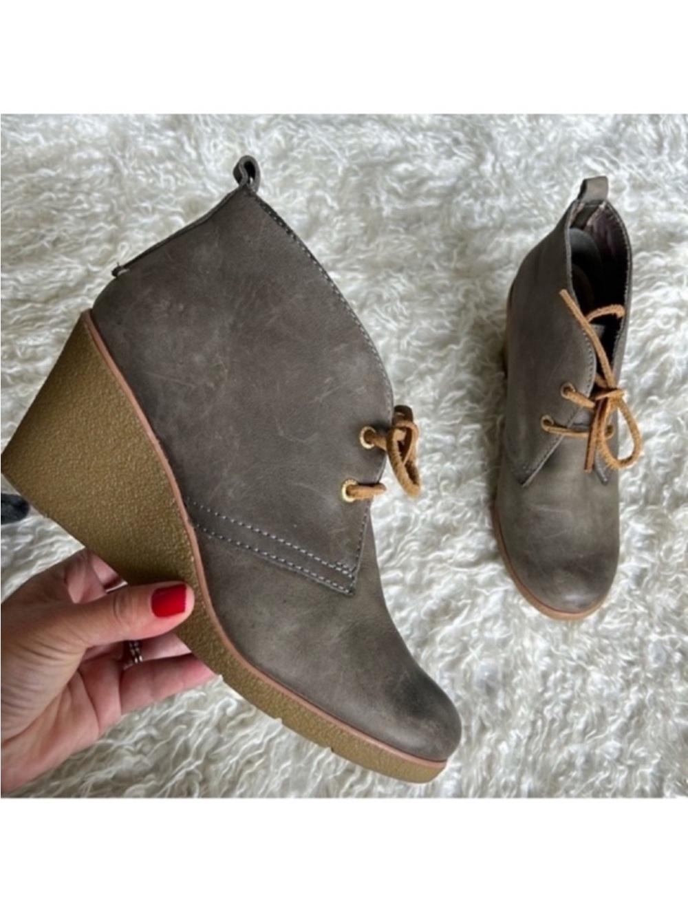 Sperry Harlow Burnished Leather Wedge Heel Ankle Boots/Booties Sz 8.5 Green Gray